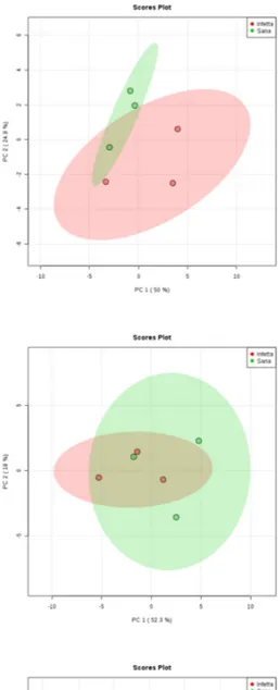 Figure 3. Principal component analysis applied to volatiles emission data obtained from pine processionary moth-infested (red circles) or not infested (green circles) pine needles collected in Bova (left) or in Canolo (right) during six samplings along the