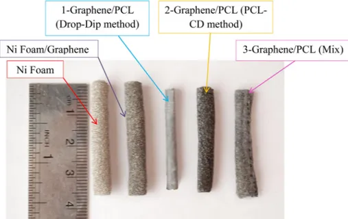 Figure 2 A photographic image of 3D graphene structures prepared by different methods.