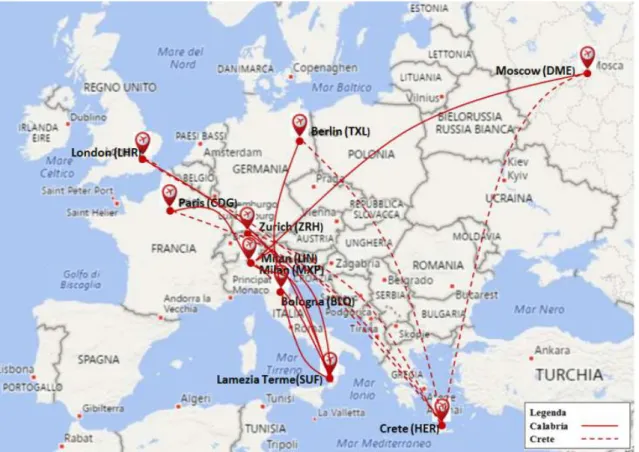 Fig -4: Flights connections from 5 Europeans capitals to Crete and Calabria regions 