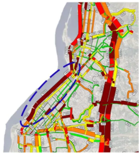 Figure 14. Reggio Calabria city centre, urban flows(vehicles/h). Modelling example  of traffic 
