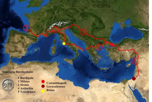 Figura 1. L’Itinerario  Burdigalense del iv  secolo, http://burdigale. weebly.com/il-cammino