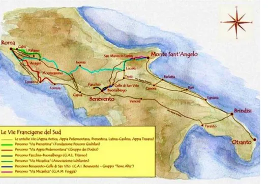 Figura 3. La via  Francigena del sud in  Puglia (da Stopani 2005,  pp. 7-8).