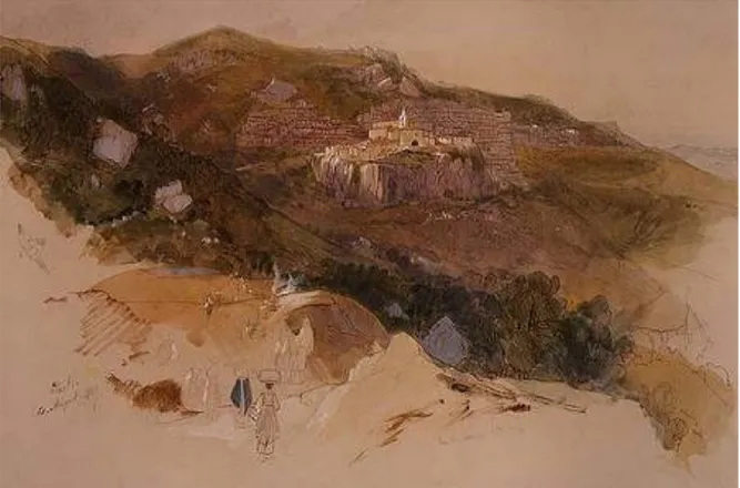 Figura 8. Edward Lear, veduta di Staiti, datata 4 agosto 1847, penna inchiostro marrone e acquerello