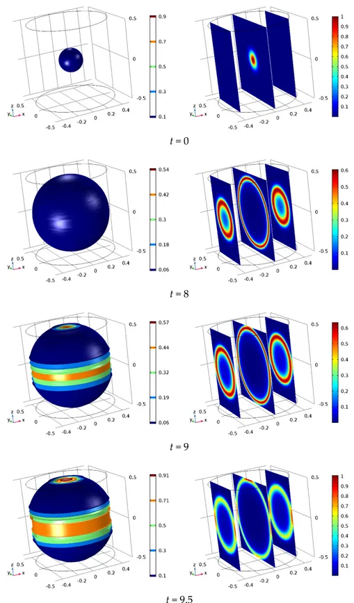 Figure 3. Cancer cell distribution inside the simulated domain during the time evolution, applying a uniform electric field 