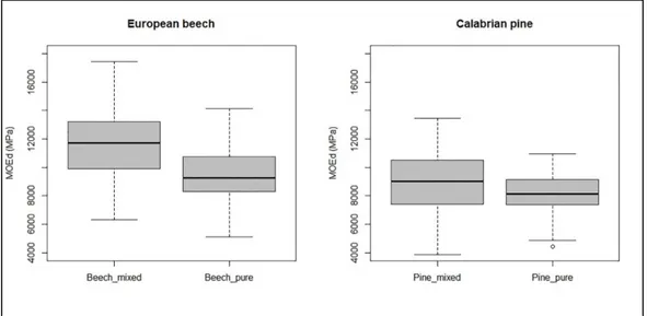 Figure 1. MOEd values in the pure and mixed-species stands for European beech (Mann-Whitney  Test, Z = −6.491, p &lt; 0.001) and Calabrian Pine (Mann-Whitney Test, Z = −3.134, p &lt; 0.010)