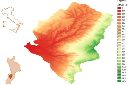 Figure 1. Location and digital elevation model of the Mesima torrent (Calabria, Southern Italy)