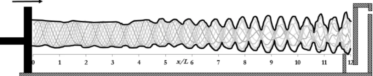 Figure 6. Overlapping of several snapshots of the flume surface during a wave period as a function of x/L