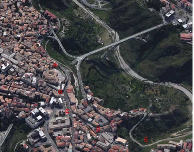 Figura 5. Catanzaro, ripresa satellitare (Google Maps). A. Colle e attuale complesso del San Giovanni; B