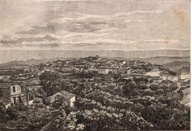 Figura 10. Catanzaro. Panorama veduto dalle Baracche (da nord), litografia (da Premoli 1981, II, p
