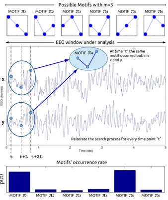 Fig. 2. Given two time series x and y (for example, two EEG sig- sig-nals within an EEG window under analysis), given an embedding dimension m, a time point t and a lag L, we can project the time series x into the vector X t and the time series y into the 