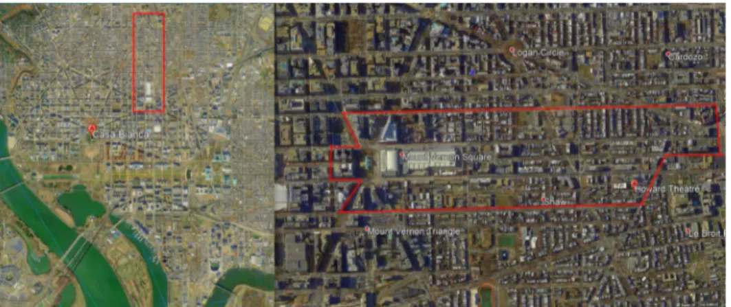 Figure 1 | Left: map of  Washington with the area of  Shaw; in the center the Monumental area of  the Capital with  the White House; down on the left the Pentagon; right a detailed map of  the area of  the commercial corridor.
