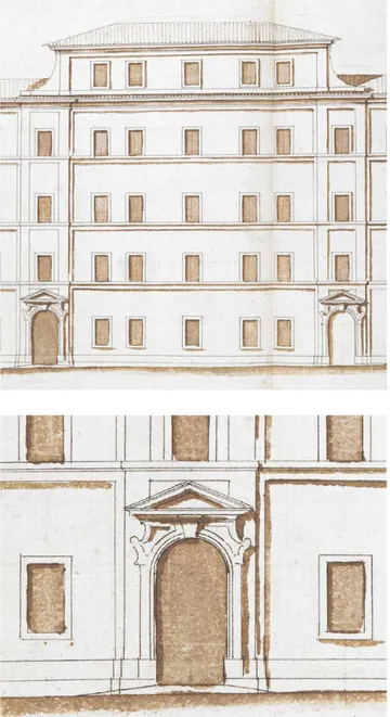 Figura 17. Carlo Fontana. Progetto per il Collegio  Tolomei a Siena: «Prospetto». Dettaglio del corpo  di fabbrica principale (© The British Library Board