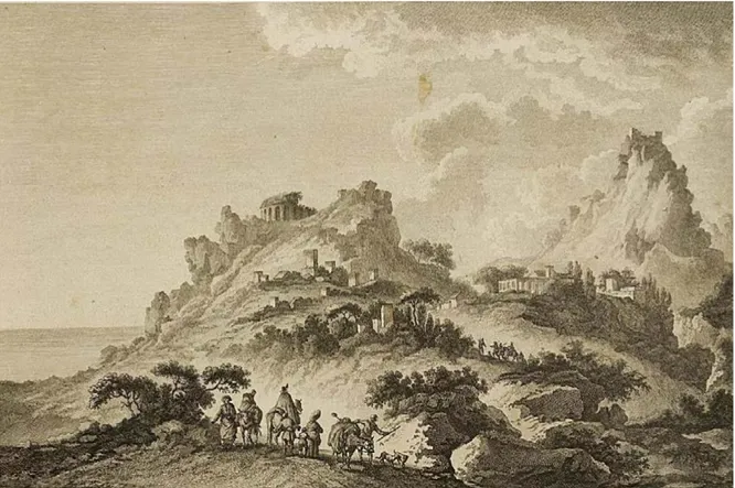 Figura 9. Claude-Louis Châtelet, p. re  Vuë prise dans les Environs de Taormina. On voit dans l’éloignement et sur la cime  d’une Montagne les restes de son ancien Théâtre, et sur une autree le Château de Mola, incisione di Marin-Ovide Michel 