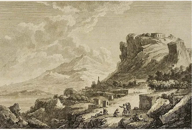 Figura 11. Claude-Louis Châtelet, s.de Vuë des Environs de Taormina prise en y arrivans du côté des Tombeaux, incisione  di Jacques Couché (Saint-Non 1781-1786, IV.I, 1785, n