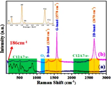 Figure 10.  Raman spectra of synthesized Si-doped C12A7:e −  (a) melted, rGO free (b) composite powder with 