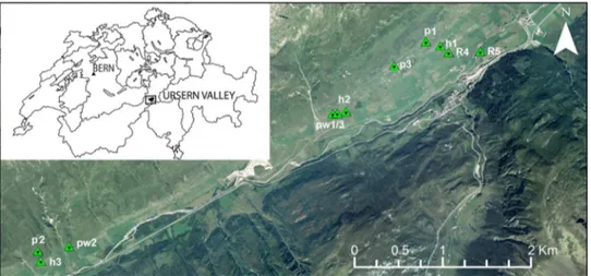 Fig. 1. Location of the 9 investigated sites (hayﬁelds – h; pastures – p; pastures with dwarf shrubs – pw) and the two reference sites (R4, R5) in the Urseren Valley (Central Swiss Alps).