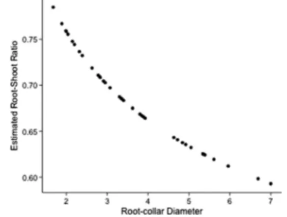 Fig. 6 Relationship between root/shoot ratio and root collar diameter (RCD). The curve has been obtained from estimated values of the BGB and AGB