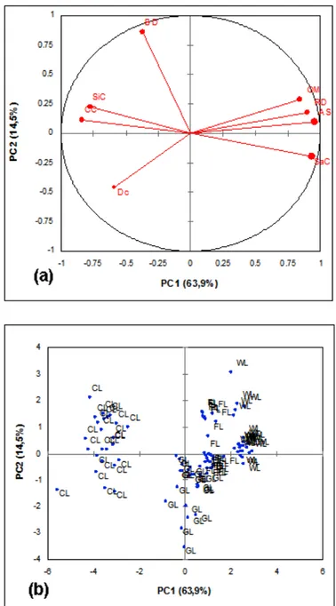 Figure 4. Loadings of soil and hydraulic parameters (a), and scores of soil samples (b) on the first 