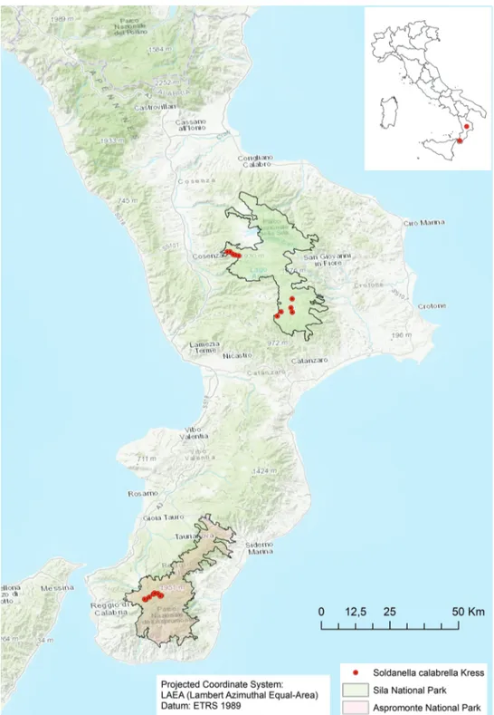 Figure 6. Geographical range and distribution map of Soldanella calabrella Kress.