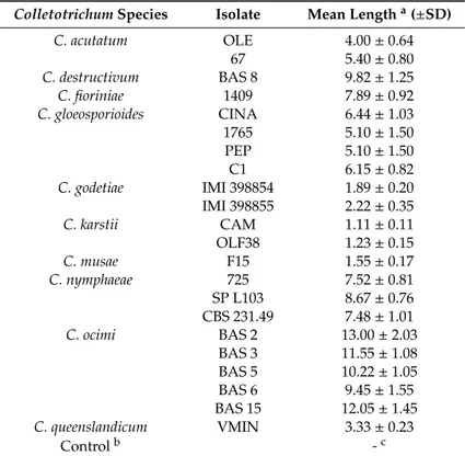 Table 2. Mean (±SD) length (mm) of necrotic lesions on the stem of artificially wound-inoculated basil seedlings induced by various Colletotrichum species 14 dpi.