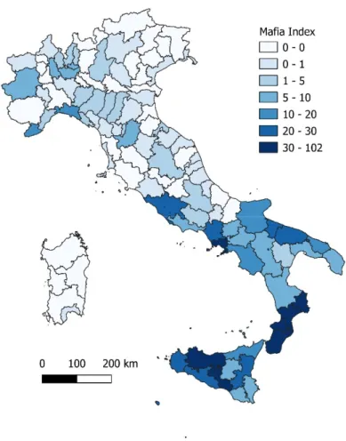 Figure 3. Mafia presence in Italy at the provincial scale (2000–2011); Source: Our own elaboration  based on Fondazione Transcrime [47]