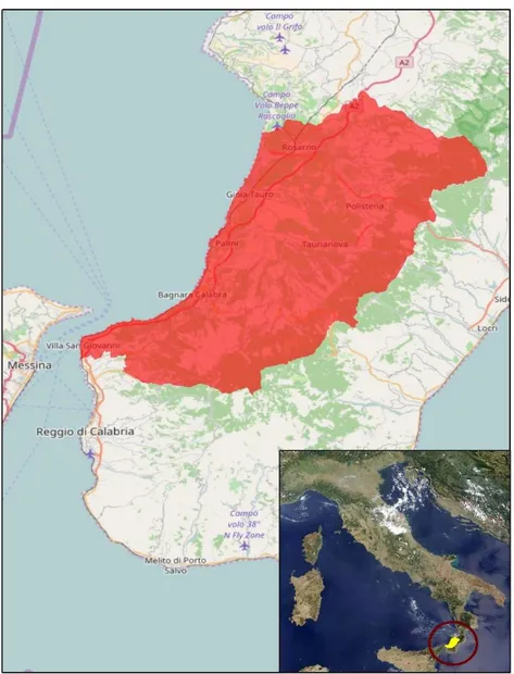 Fig 1. The Tyrrhenian side of the province of Reggio Calabria, in the regional and national geography of Italy