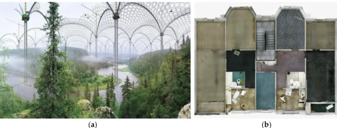 Figure 8. (a) Ilkka Halso, Museum of Nature, Kitka-river, 2004; (b) Andreas Gefeller, Plattenbau 4, 2004