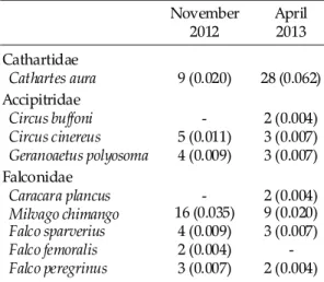 Table 1. Number of individuals (individuals/km in parenthesis) recorded in roadside raptor surveys carried out in Valdes Peninsula, north-eastern Chubut Province, Argentina, during November 2012 and April 2013