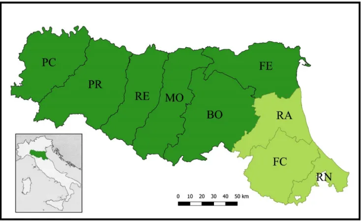 Figura 1. La Regione Emilia-Romagna. Le sigle si riferiscono alle diverse provincie.  In verde scuro l’Emilia e in verde chiaro la Romagna.
