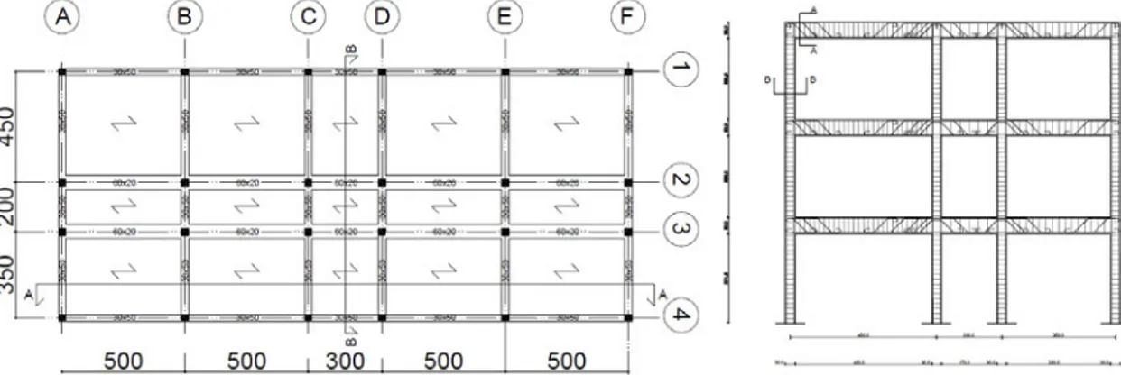 Figure 27: Plan view of the selected structure floor type, transversal section and reinforcements’ details