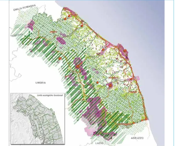 Fig. 6: REM (Marche Environmental Network). The ecological functional units of the Apennines thin out and enter  the Adriatic City