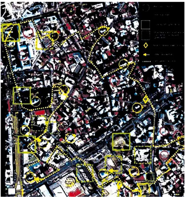 Fig. 3: Cognitive Map including monasteries and churches, listed monuments, public spaces, urban heat islands/ residual landscapes, tall buildings/accents, hidden perspectives, paths