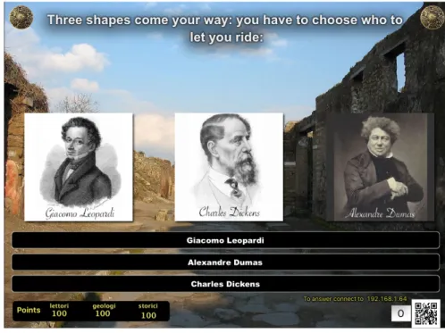 Figure 3.5.3. An extract of the GeoQuest interface. Here players can choose one of the  three  authors  and  they  will  have  an  excerpt  from  a  literary  text:  “La  Ginestra”,  by  Leopardi, “Pictures from Italy”, by Dickens, “Il corricolo”, by Dumas