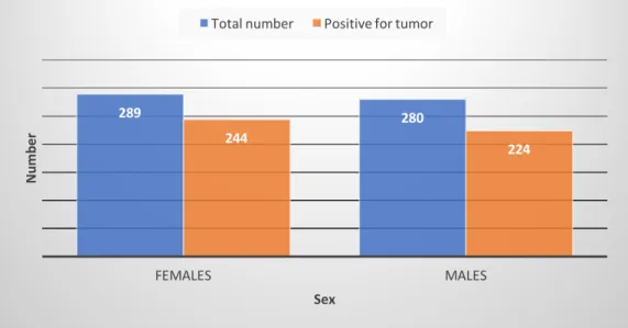 Figure	19:	Distribution	of	dogs,	total	number	and	positive	for	tumor,	by	sex	in	the	whole	period	of	study	(01	Jan	 2016	-	31	Aug	2018).	