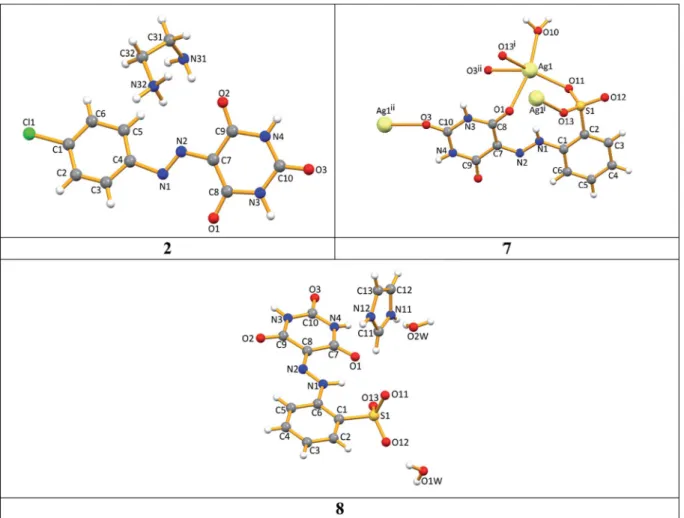 Fig. 1 X-ray molecular structures of 2, 7 and 8 with atom numbering schemes. In 2, only one hydrazine anion and one ethylenediammonium cation is shown.