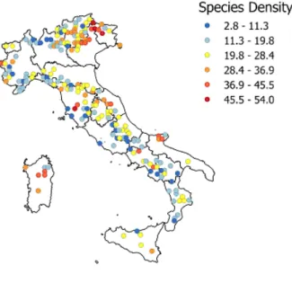 Figure 4.8 – Species density (no. of species x 100 m -2 ) as result of mean species richness between 4 SU on each site