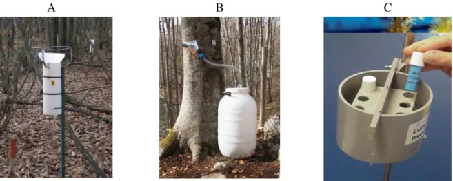 Figure 4.2 – Collectors used for open field and throughfall (A), stemflow (B), and ozone passive samplers (C)