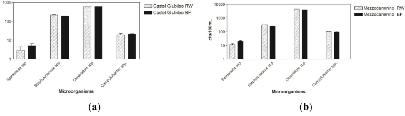 Figure 2. Each column represents a mean value of triplicate measurements of each  microorganism, expressed as cfu/100 mL, detected at the Castel Giubileo site