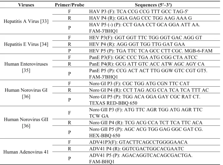 Table 1. Sequences of primers used to detect viruses in water by q-PCR assays (Human  Enterovirus: HE; Hepatitis A Virus: HAV; Norovirus GGI: NoGGI; Norovirus GGII: NoGGI;  Hepatitis E Virus: HEV; Adenovirus 41: ADV41