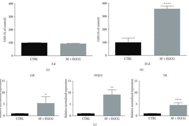 Figure 4: Eﬀect of the cotreatment with SF and EGCG on AFSC antioxidant defences. (a) Cells were cotreated for 3 days after thawing or (b) chronically treated for 25 days