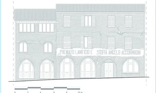 Fig. 3. One of the most interesting factories along Via delle Conce; the building was used as a tannery and then  to other crafts, until the abandonment which occurred in the mid-80s (drawing of G.Bugiardini)