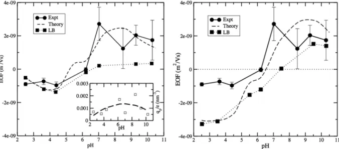 FIG. 4. Mobility versus pH as obtained from experiments (circles), the analytical theory (dashed line), and LB simulations (squares)