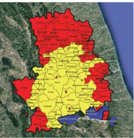 Fig. 1 - Map of the 2016/17 earthquake in Central Italy: the  map  shows  the  62  municipalities  hit  by  the   earth-quake of the 24th August 2016, in red the 69  municipal-ities affected by the earthquake of the 26th and the 30th October 2016 and in bl