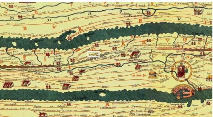 Fig. 1 – Porzione della Tabula Peutingeriana in cui è indicato il tracciato della Salaria che congiunge Roma all'Adriatico