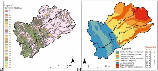 Figure  5.  a)  Corine  Land  use  map  (3rd  Level):  numbers  are  reported  according  to  the 