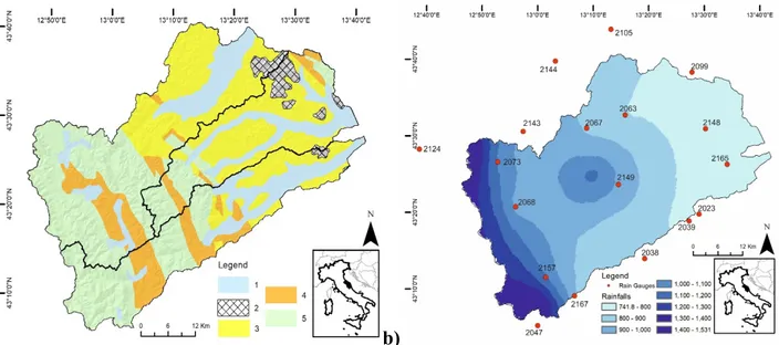 Figure 2. a) Schematic geological map of the Marche region. 1 = Main continental deposits 