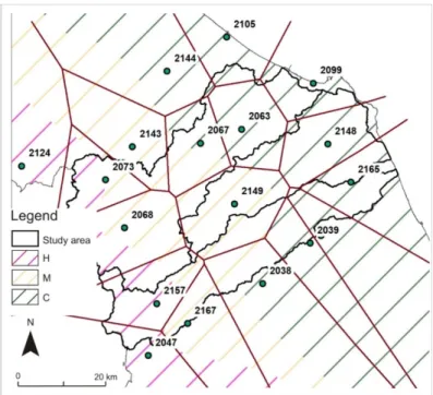 Figure  4.  Location  of  the  study  area  with  indication  of  the  rain  gauges  used  for  the 