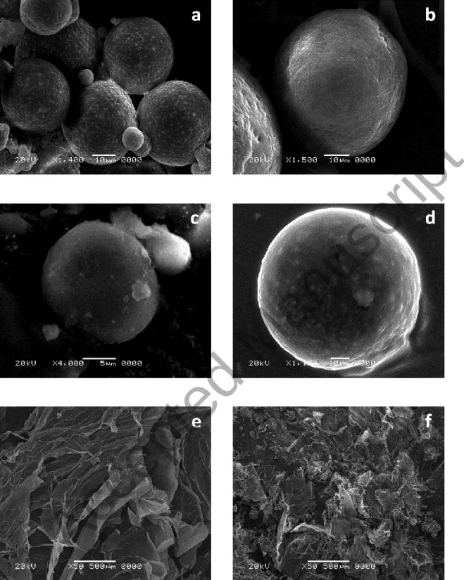 Fig. 5. SEM of representative aceclofenac microparticles using different stabilizers (a) PVA, (b) P 188, (c) M  59 and (d) T 80, and in situ composite gel (e) plain gel and (f) PV3 loaded gel (magnification power X 1400,  1500, 4000, 1100, 50 and 50 for a-