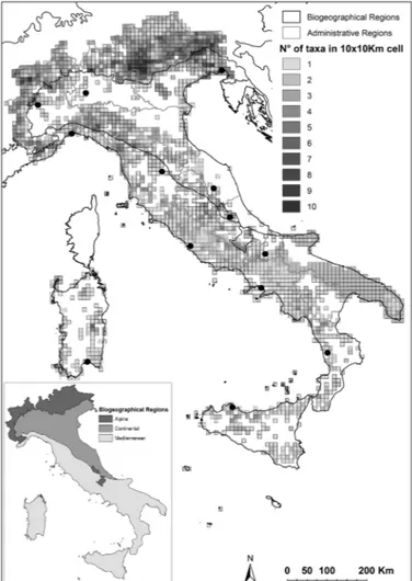Fig. 1 - Geographic location of the main working groups in- in-volved in the project (black dots), overlapping the density  map of the Italian plant species of Community interest  (An-nexes II, IV, V; distribution data from the III Italian Report)