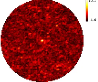FIG. 4. SNR sky map for outlier A 14. The disk (0.025 rad radius) is centered on the location of the signal